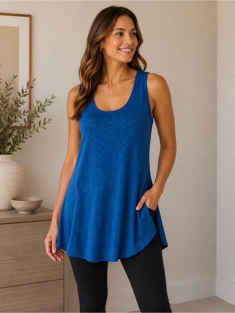 Umgee Blue Swing Tank Top Sleeveless Flowy Tunic Boho Casual Women's Small